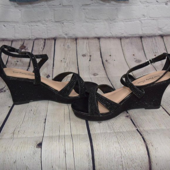 🆕 Black Glitter Open Toe Wedges, Size 9 - Picture 5 of 13